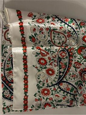 White Floral Silk-Feel Neck Scarf with Red & Green Print